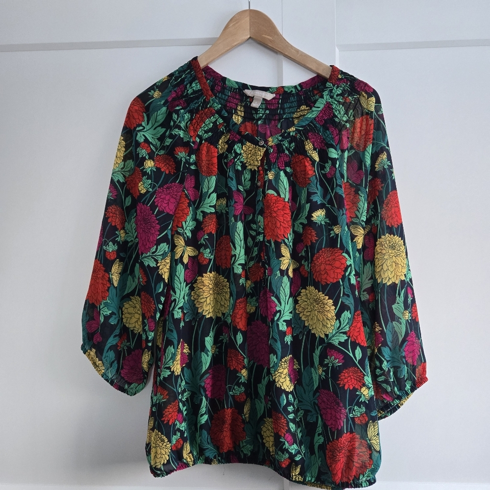 Banana Republic Smocked Floral Butterfly Womens Large Button Blouse Top